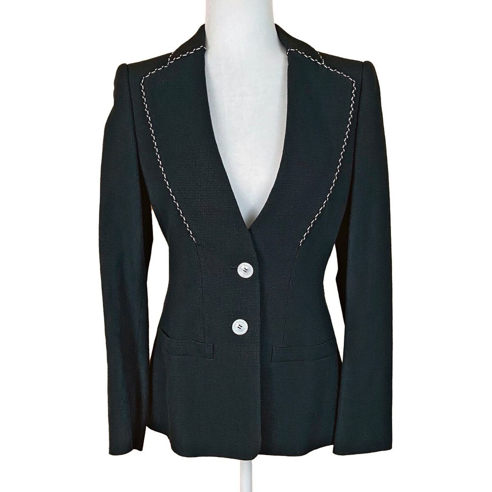 Escada Black Blazer Jacket with White Stitching Detail Size 34 / US 4 2-Button